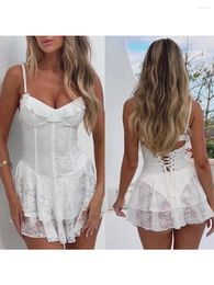 Casual Dresses Women Y2k Lace Corset Dress Sleeveless Ruffle Hem Bodycon Mini Cami Spaghetti Strap Tiered Short Clubwear