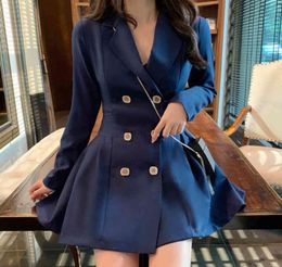 Women Double Breasted Notched Lapel Collar Blazer Suits Solid Chic Elegant Plelated ALine Mini Dress Spring Fall 2104167841305