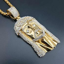 Golden Big Jesus Christ Head 14K Gold Necklace Pendant With Chain For Men Iced Out Rhinestones Hip Hop Christian Jewellery