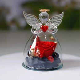 Decorative Objects Figurines Preserve Rose Angel Glass Cover for Women Eternal Flower Wedding Valentines Day Love Gift H240521 NEU5