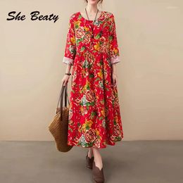 Casual Dresses Vintage Flower Printed Loose Dress Women O-Neck Long Sleeve Chinese Style Midi Robe Spring Summer 2024 Clothing