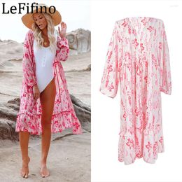 Summer Chiffon Mid Length Cardigan Lace Print Sexy Long Sleeved Beach Vacation Clothes Sunscreen Outwear Bikini Cover Up Women's