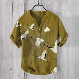Men's T-Shirts 2024 New Hawaii Short sleeved Shirt 3D Printed Bamboo Linen Casual Loose Zipper Mens Shirt Q240521