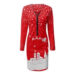 Casual Dresses Christmas Women'S 2024 Vintage Long Sleeve Fashion Snowflake Elk Print O-Neck Daily Skinny Winter Mini Dress