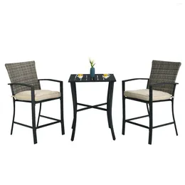 Camp Furniture 3PCS Patio Rattan Bar Set Slat Table 2 Cushioned Stools Poolside Gray