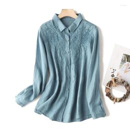 Women's Blouses Spring Summer Long Sleeve Women Cotton Linen Embroidery Shirt Blouse Turn Down Collar Buttons Up Elegant Womens Tops 4XL