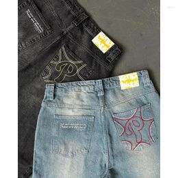 Men's Jeans American Street Y2K Letter Embroidery Pants Harajuku Hip Hop Vintage Blue Baggy High Waist Wide Leg Trouser Unisex