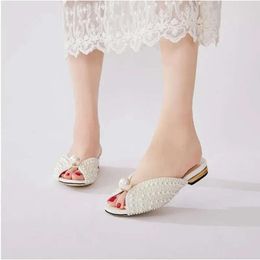 Summer Princess Sandals Pearls White 2024 Women Fashion Peep Toe Lady Slides Womens Slipper Big Size 35 11b s