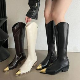 Boots Fashion Mixed Colours Long Pointed Toe Chunky Heels Shoes Zipper Style Women Booties Autumn Slip On Cosy Leisure Pumps