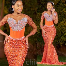 2024 Aso Ebi Orange Mermaid Prom Dress Beaded Crystals Sequined Evening Formal Party Second Reception 50th Birthday Engagement Thanksgiving Gowns Dresses ZJ50