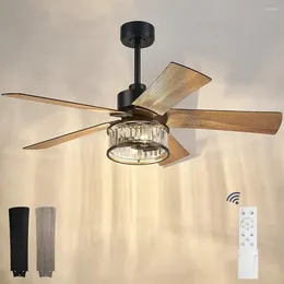 Inch Modern Crystal Ceiling Fan With Lights And Remote Control Reversible Blades Matte Black/Wood Dual Mount Pure Copper DC