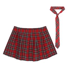 Womens Zipper Plaid Pleated Mini Skirt with Necktie Japanese Schoolgirls Uniform Skirts Cosplay Costume Fancy Dress Ball Outfit 240513