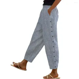 Women's Pants Women Long Striped Print Trousers Mid-rise Elastic Waistband Side Button Pockets Stylish Summer Casual