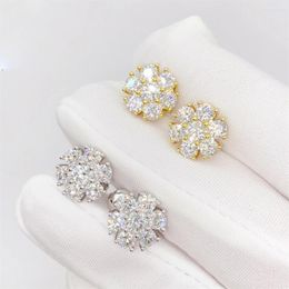 Stud Earrings Iced Bling D Colour Moissanite Flower Screwback 925 Sterling Silver Fine Jewellery 14K Gold Plated Pass Diamond Test