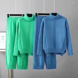 Women's Two Piece Pants HLBCBG Cashmere Womens Tracksuits Knitted Thick Women Turtleneck Sweater 2/Two Sets Drawstring Harem Suits Outfits