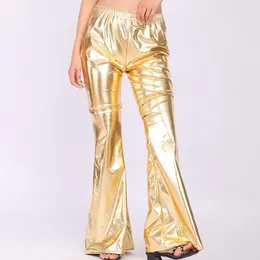 Women's Pants Women Bell-bottomed Shiny Metallic Solid Colour Elastic Waist Ladies Female Stage Performance Flared Trousers Vintage Disco