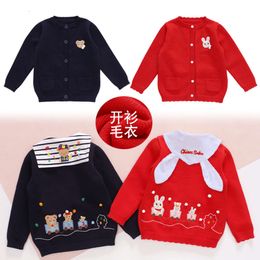 Syster och bror nyår Autumn Winter Boy Cartoon Bear Rabbit Train Brodery Sweater Sticked Jacket Cardigan L2405 L2405