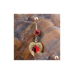 Navel & Bell Button Rings Belly Ring Golden Love Heart Dangle Wing Body Piercing Rhinestone Drop Delivery Jewelry Dhxsh