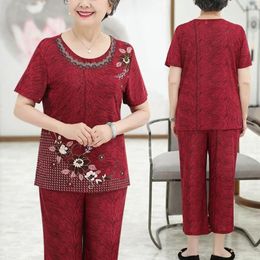 Running Sets Elderly Women T-shirt Pants Suit Elegant Floral Print Grandma Set For Summer Short Sleeve O Neck Top