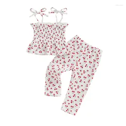 Clothing Sets Toddler Girls Cherry Print Set Lacing Ruffles Pleated Boat Neck Camisole Tops Elastic Waistband Long Pants 2-Piece Outfits