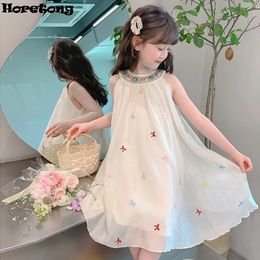 Horetong 2024 Summer Embroidery Bow Gauze Dress In Kids Girls Korean Fashion Clothes Children Sleeveless Toddler Outwear 240517