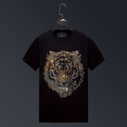 Mens T-shirt short sleeved 2024 new hot diamond tiger head summer mens slim fit clothes oversized half sleeves
