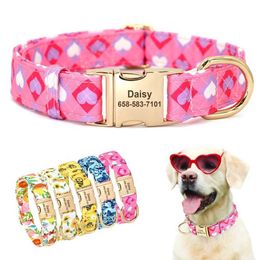 Dog Collars Leashes Personalized Nylon Collar Floral Printed Puppy Necklace Free Custom Pet ID Nameplate For Small Large Dogs Chihuahua H240522