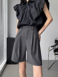 Women's Shorts Design Sense Grey Suit For Women Summer High Waist Loose A-line Wide Leg Ice Silk Casual Capris Pants 2024