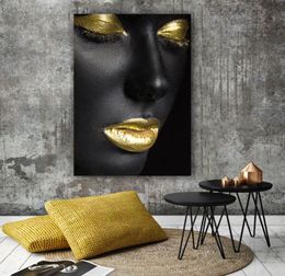 Black SKin Golden Lips Canvas Painting Wall Pictures For Living Room Wall Posters and Prints African Art Decor Art1285976