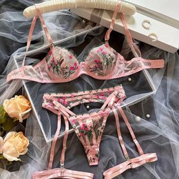 Bras Sets Fairy Lingerie Floral Transparent Underwear Ruffle Garter Intimate Delicate Beautiful See Through Outfits