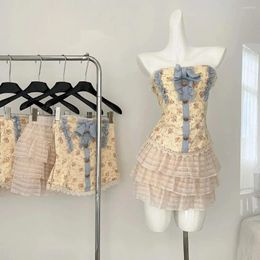 Work Dresses Women Skirt Sets Off Shoulder Print Crop Top A-Line Mini Vintage Y2k Elegant Matching Suits 2000s Clothes Summer