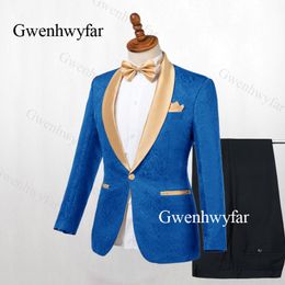 Gwenhwyfar 2019 New Royal Blue Rim Stage Clothing For Men Suit Set Mens Wedding Suits Costume Groom Tuxedo Formal Jacket Pants 224F