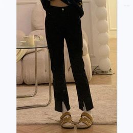 Women's Jeans Black Slit Women's Autumn And Winter Velvet Padded Loose Slimming Large Size Plump Girls Stretch Small Ankle-Length Pants