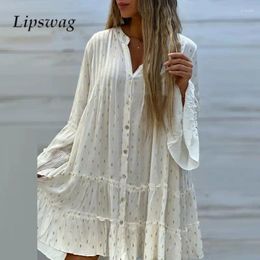 Casual Dresses 2024 Ladies Splicing Pleated A-Line Mini Dress Autumn V Neck Single-breasted Loose Printed Long Sleeve Women
