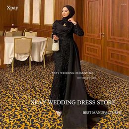 Party Dresses XPAY Modest Sparkly Muslim Arabic Evening High Neck Beads Lace Prom Gowns Long Sleeves Black Formal Occasion Dress