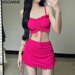 Women's Swimwear VigoAnne Sexy Solid 3 Piece High Waist Skirt Bikini Set Women 2024 Strapped Push Up Swimsuit Backless Beach Korean Bathing