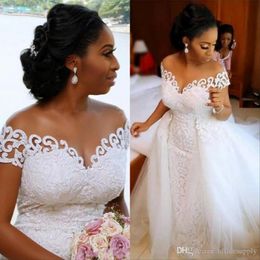 African Nigerian Mermaid Wedding Dress With Detachable Train Lace Up Design Short Sleeve Bridal Gowns Dresses 254E