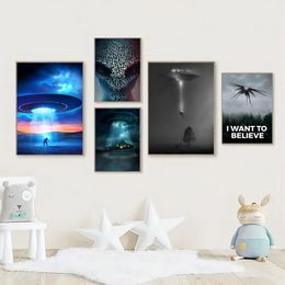 1pc Black Night UFO Dim Style Poster Stickers Art Wall Murals Decor Game Room Decor Gifts Kawaii HD Painting Cat Cars