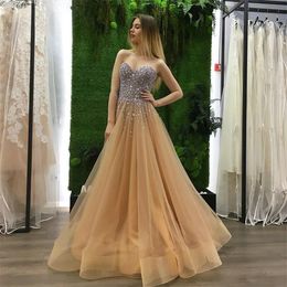 Luxury Champagne Prom Formal Dresses Sweetheart Beading Crystals Tulle Evening Dress Party Gowns Custom Made