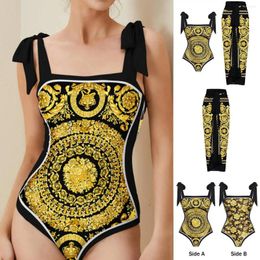 Women's Swimwear 2024 Designer Golden One Piece Swimsuit And Skirt Cover Up Sexy Retro Print Push Bikini Bodysuit Monokini Beachwear