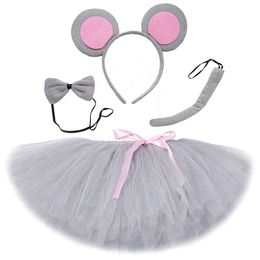 Skirts Grey Mouse Tutu Skirt Outfit for Baby Girls Animal Halloween Tutus Costumes for Kids Toddler Shoot Prop Birthday Tulle Skirts Y240522