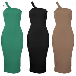 Casual Dresses B36D Womens Ribbed Knit Slim-Fit Bodycon Midi Dress One Shoulder Sleeveless Sexy Pencil