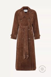 Womens Trench Coats DUCIE Double-breasted Suede Brown Long Trench Coat