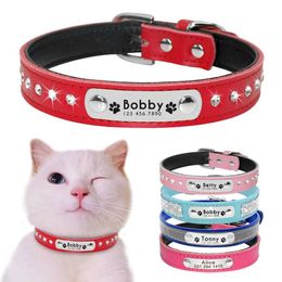 Cat Collars Leads Leather Collar Personalized For Puppy Small Dogs Pet Kitten Nameplate Free Engraving Adjustable H240522
