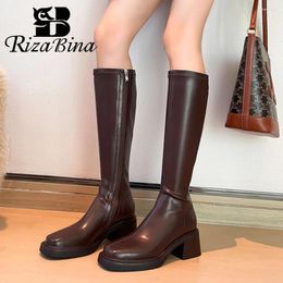 Boots RIZABINA Real Leather Women Knee High Fashion Square Toe Chunky Heel Long Lady Winter Zipper Non-slip Platform