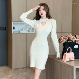Casual Dresses Vintage Y2k Mini Women Knitted Dress Solid Colour Long Sleeve Wrapped Hip Autumn Winter Slim Party Sweater Bodycon Vestido