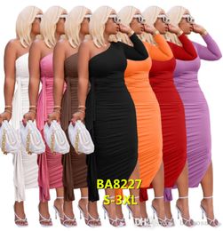 Sexy Women Designer Clothing Midi Dresses Single Shoulder Lotus Leaf Edge Slit Dress Solid Colour Skirt6283438