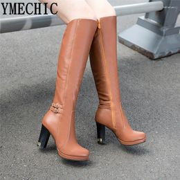 Boots YMECHIC 2024 Lady Knee High Women Winter Buckle Strap Zip Black White Brown Long Tall Knight Heels Shoes Woman