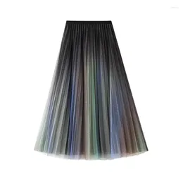 Skirts High Waist Slim Big Swing Double Layer Mesh Gradient Colour Bright Mid Length Skirt 2024 Spring/Summer Women's 0859