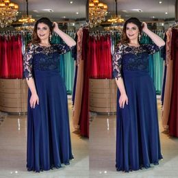 Plus Size Navy Blue A-Line Lace Mother of Bride Groom Dress Jewel Neck Chiffon Floor-Length 1 2 Sleeve Formal Dress Evening Gowns Custo 227f